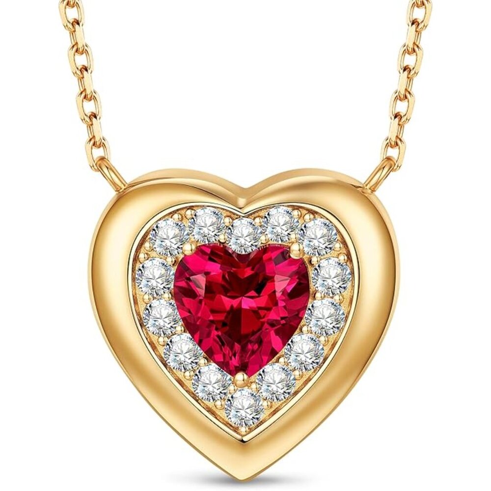 Certified 2CT Lab Grown Ruby Heart Halo Necklace S925 18"+2"